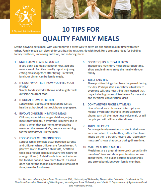 A snapshot of the Ten Tips for Family Meals printable PDF